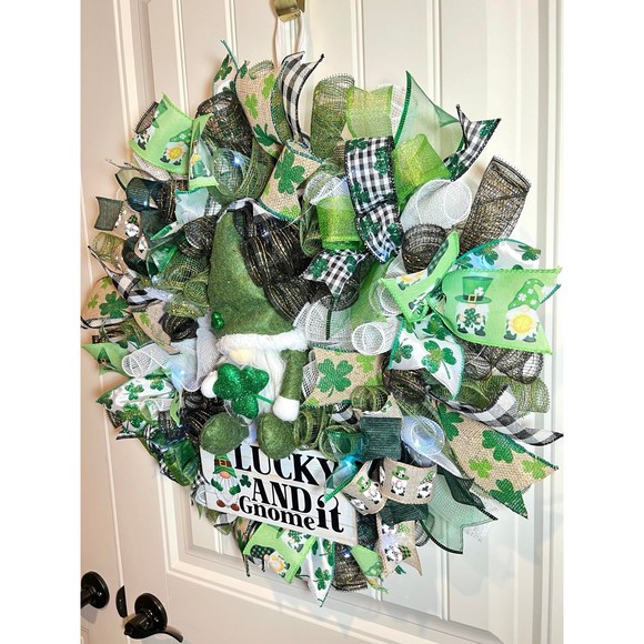 Handmade St. Patrick’s Day Lucky and Gnome it Ribbon Prelit Wreath 22 in LED W15 - Picture 2 of 12